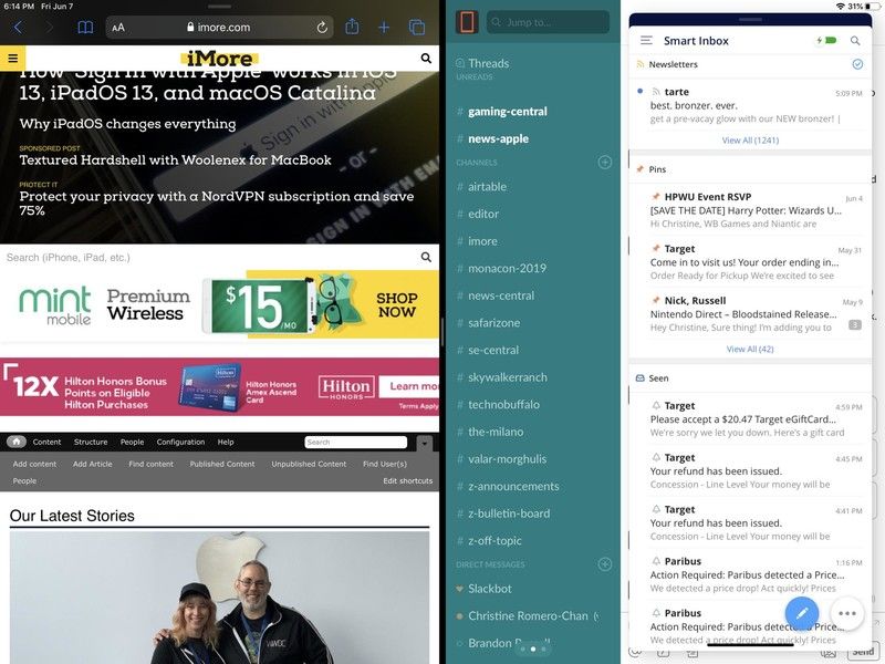 Три приложения, запущенные одновременно, в комбинации Split Screen и Slide Over Три приложения, запущенные одновременно, в комбинации Split Screen и Slide Over
