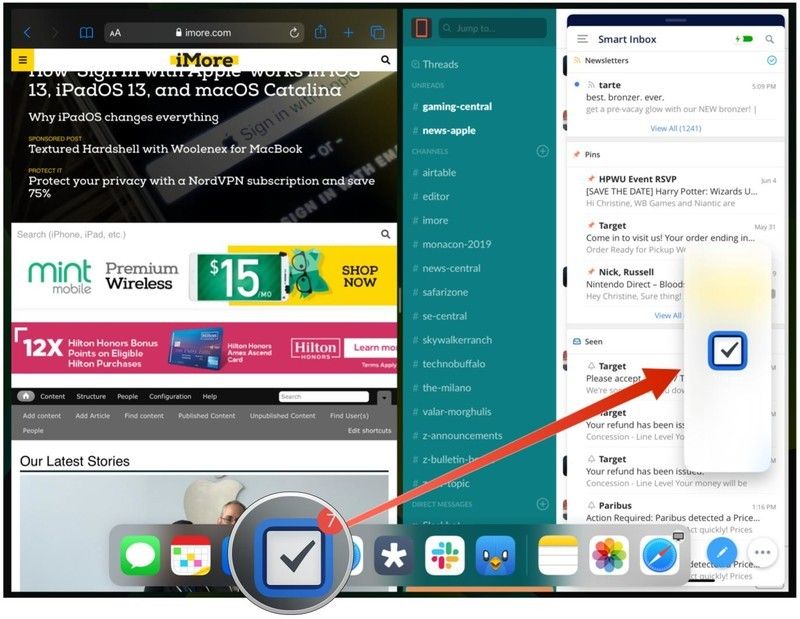 Перетащите другое приложение из Dock в качестве приложения Slide Over Перетащите другое приложение из Dock в качестве приложения Slide Over