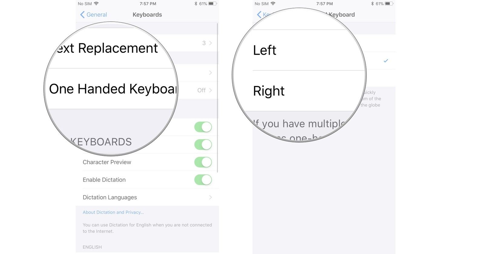 Нажмите «Одноручная клавиатура», затем выберите сторону