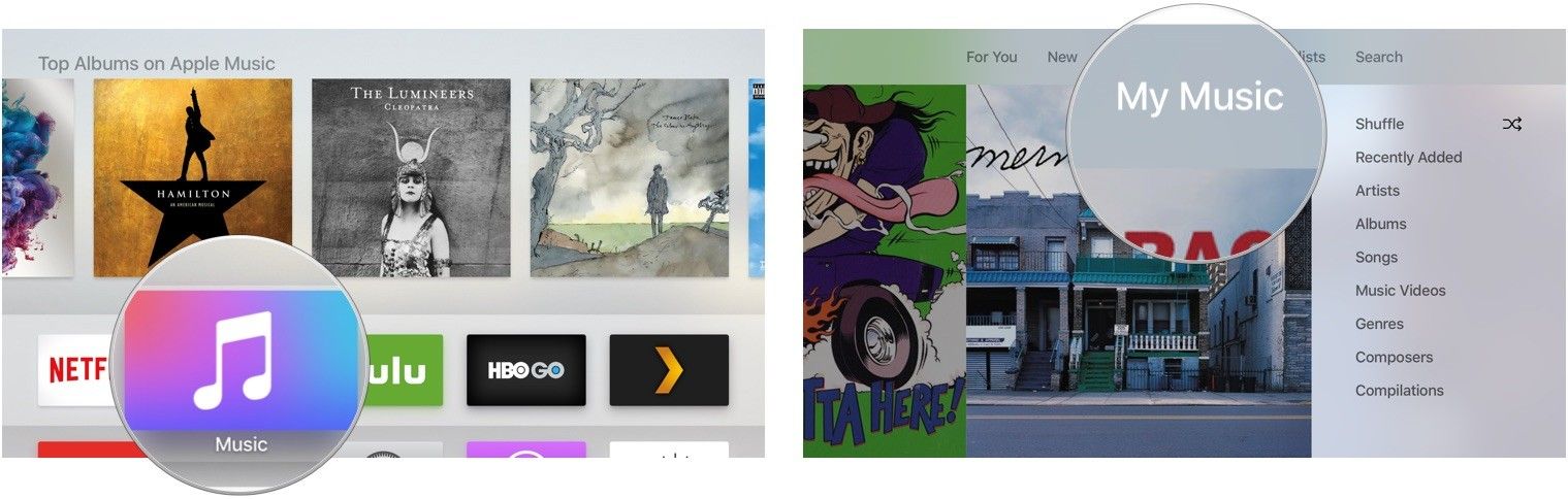 Открытие приложения Музыка на Apple TV