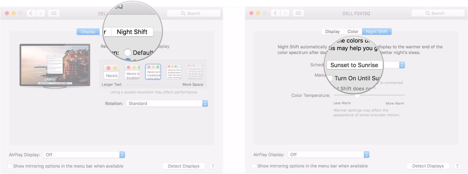 Нажмите Night Shift, нажмите меню