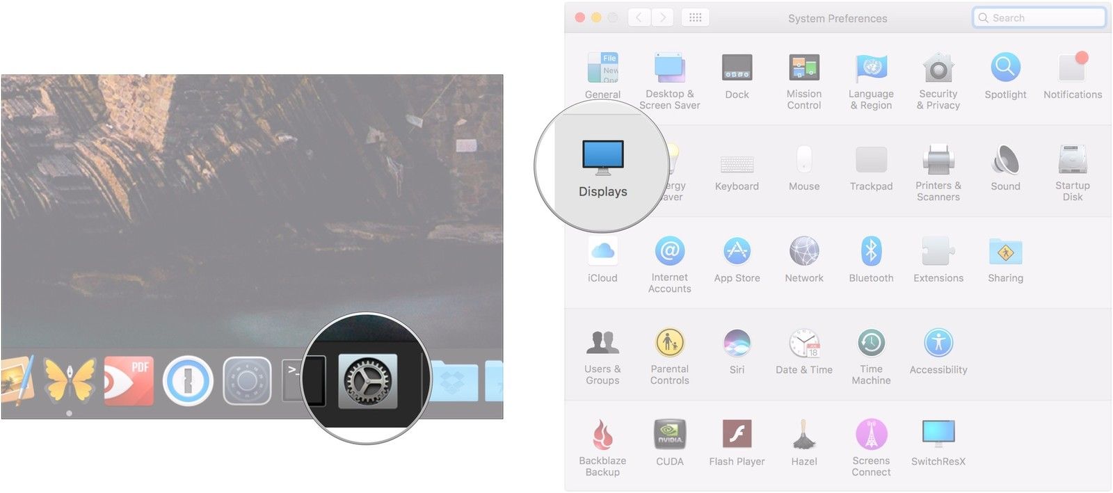 Откройте Системные настройки, нажмите &laquo;Дисплеи&raquo;