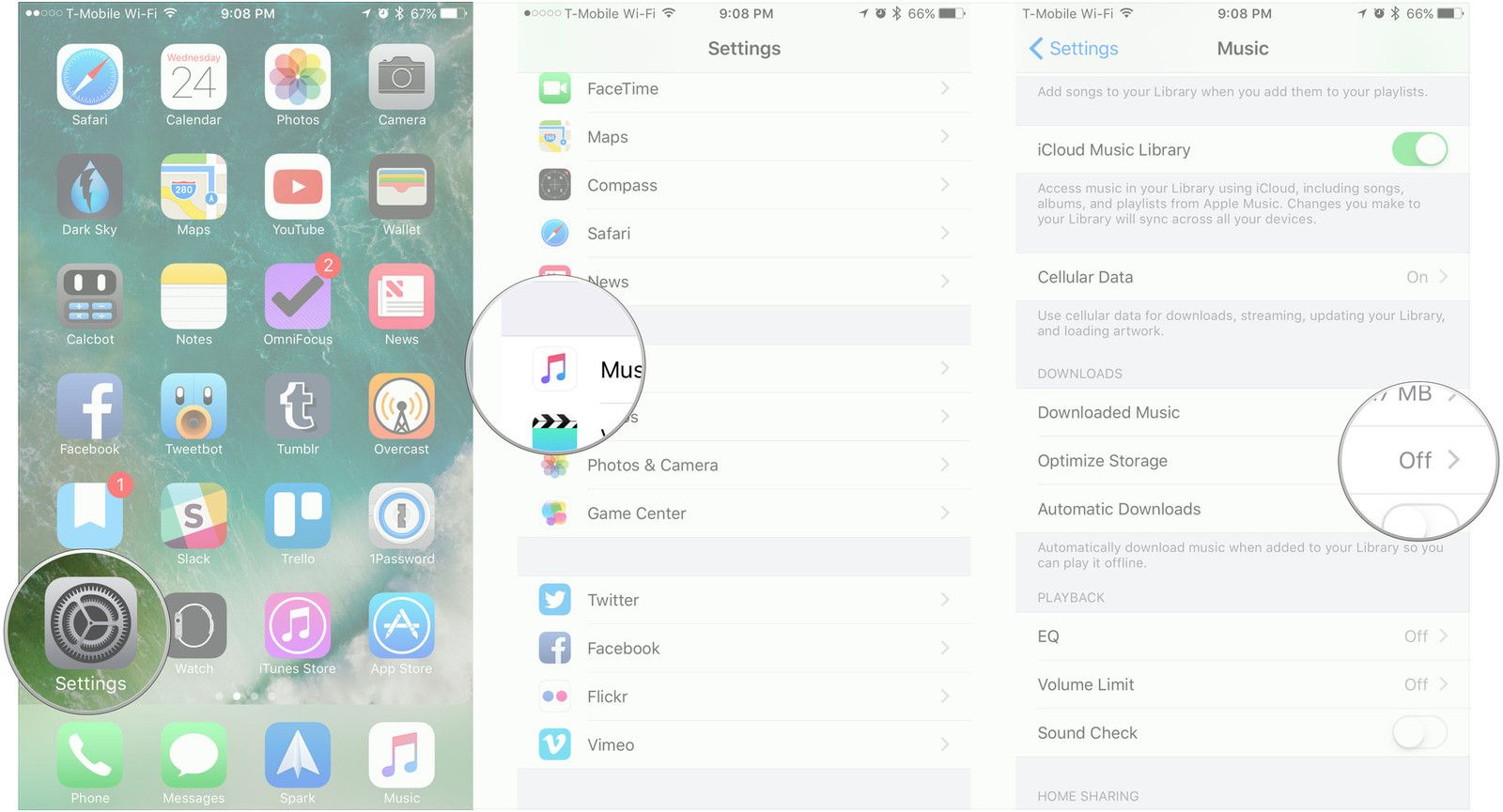 Откройте настройки, перейдите в раздел «Музыка», нажмите «Оптимизированное хранилище».