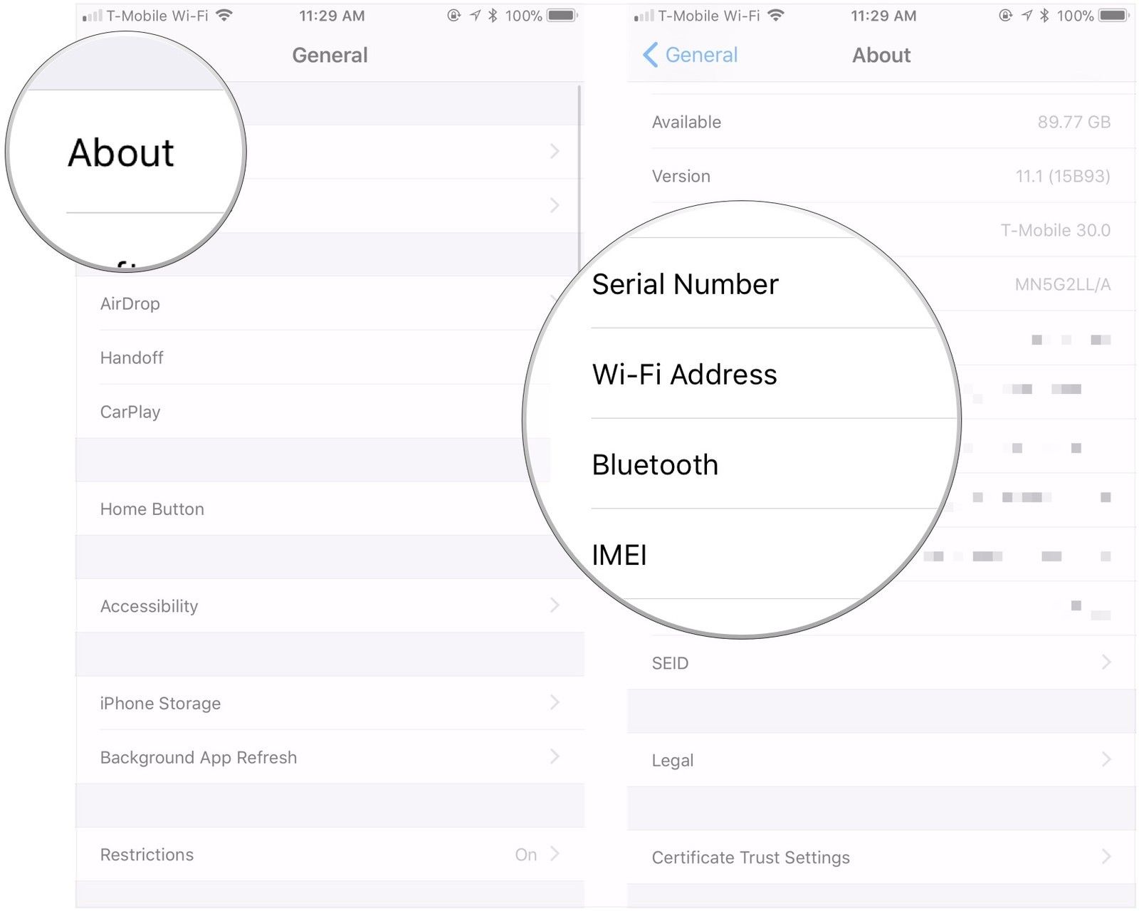 Нажмите О, найдите серийный номер и IMEI