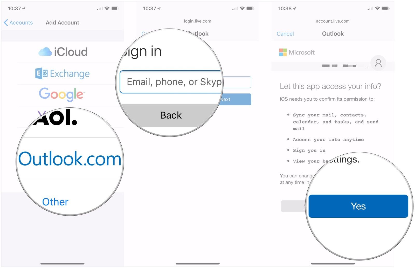 Нажмите Outlook.com, введите информацию Outlook.com, нажмите Да