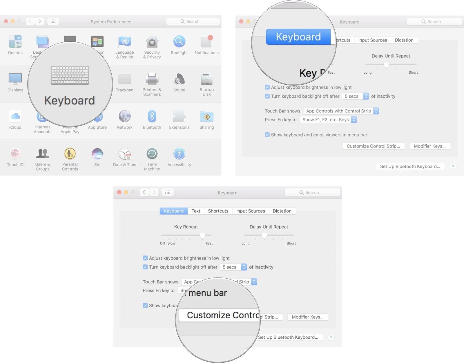 Нажмите «Клавиатура», затем перейдите на вкладку «Клавиатура» и нажмите «Настроить сенсорную панель».
