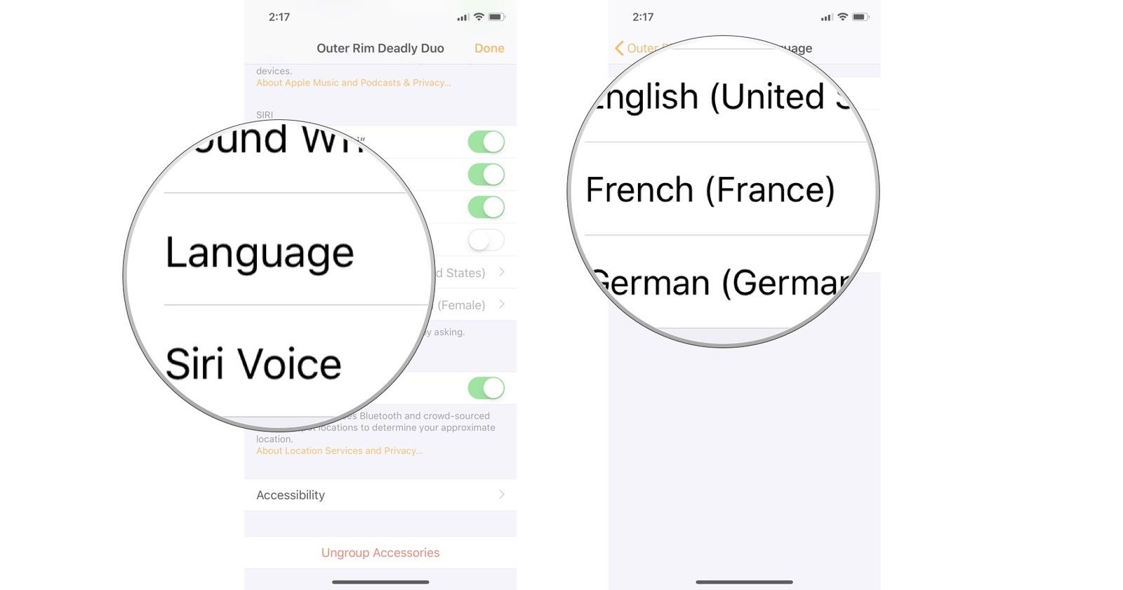 Нажмите &laquo;Язык&raquo;, затем выберите язык
