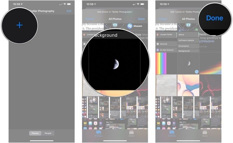 Нажмите +, нажмите фотографии, нажмите Готово