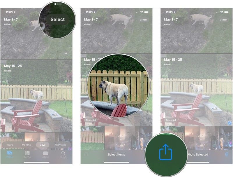 Нажмите «Выбрать», выберите фотографии, нажмите «Поделиться».