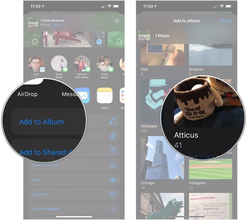 Нажмите Добавить в альбом, нажмите альбом