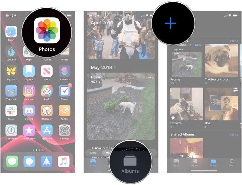 Откройте Фото, нажмите Альбомы, нажмите +