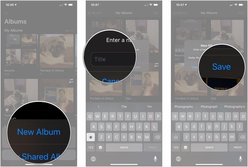 Нажмите Новый альбом, название альбома, нажмите Сохранить