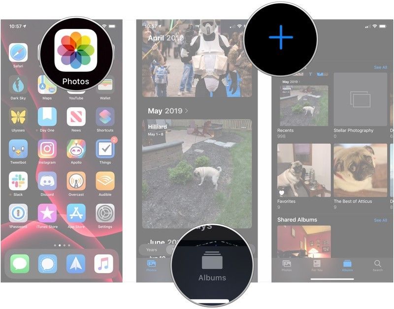 Откройте Фото, нажмите Альбомы, нажмите +