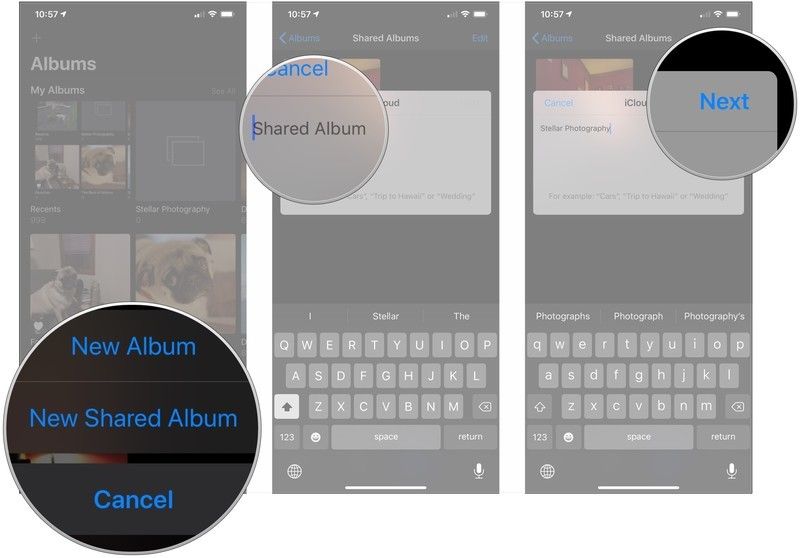 Нажмите Новый общий альбом, назовите альбом, нажмите «Далее»