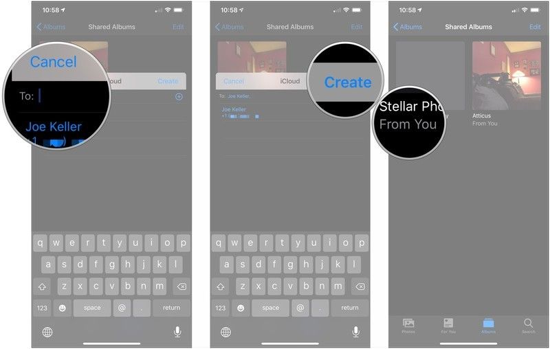 Введите имена, нажмите Создать, нажмите альбом