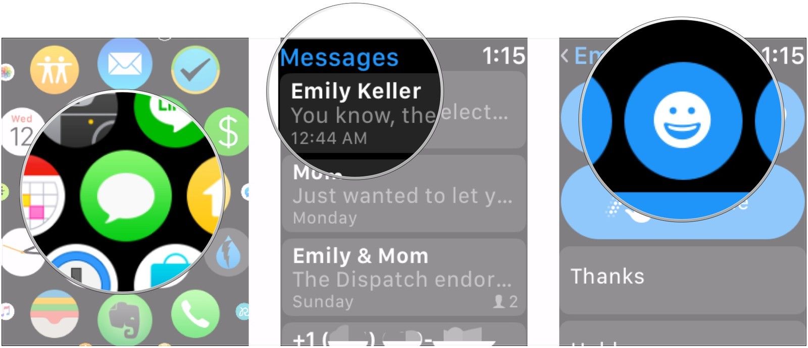 Откройте сообщения, выберите разговор, нажмите кнопку смайликов