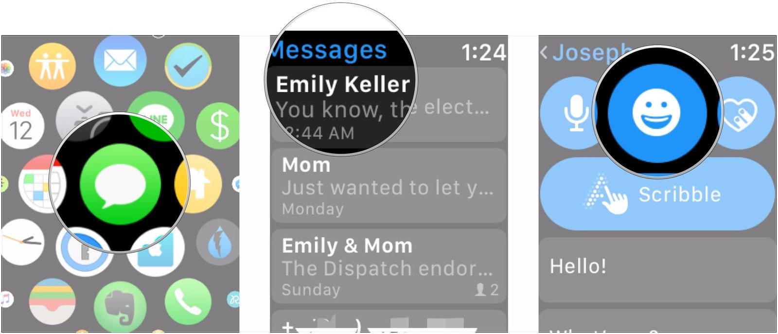 Откройте сообщения, выберите разговор, нажмите кнопку смайликов