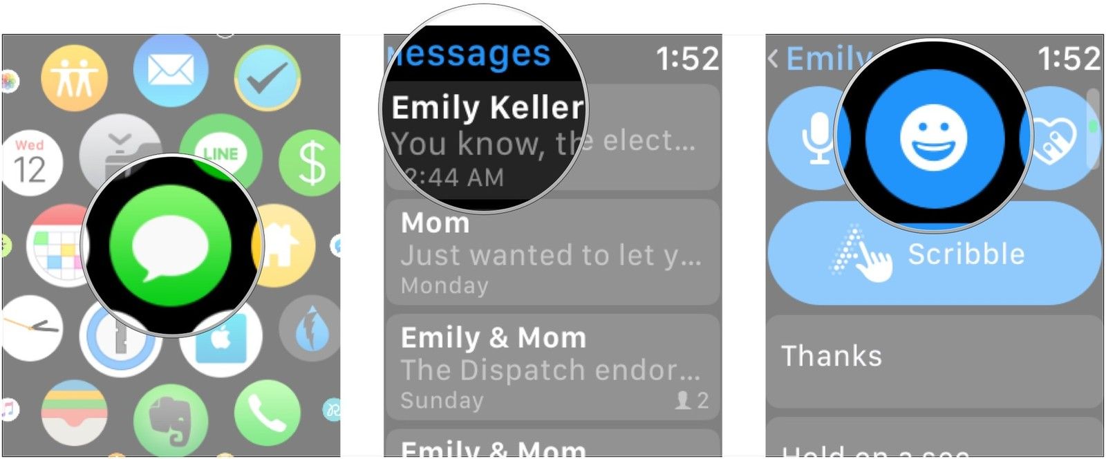 Откройте сообщения, выберите разговор, нажмите кнопку смайликов