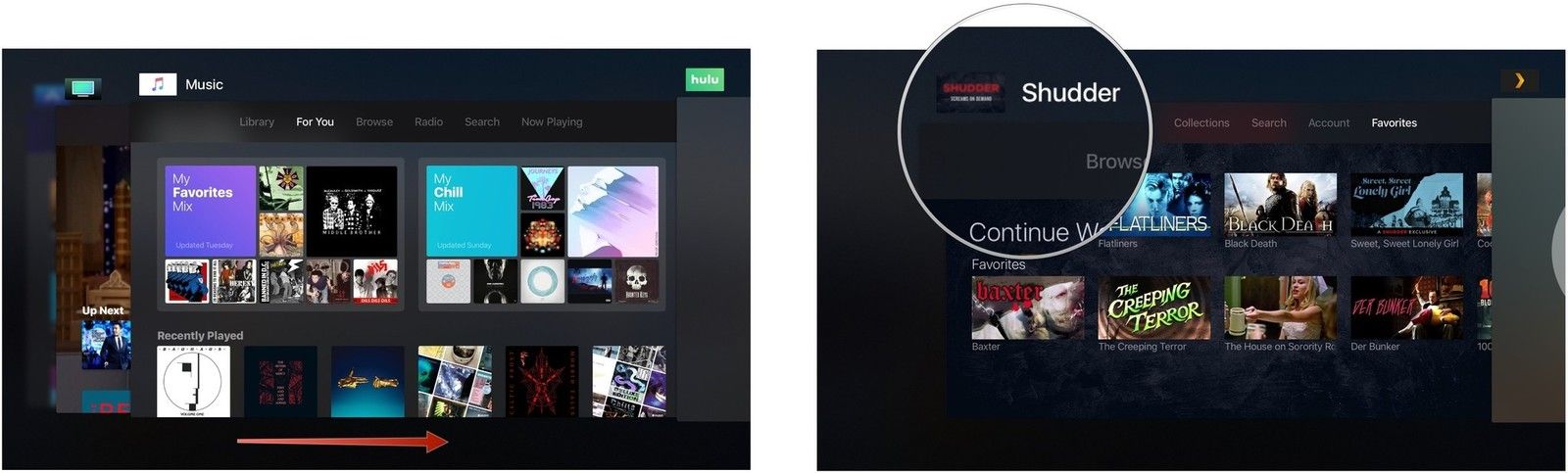 Проведите пальцем вправо, чтобы найти приложение, затем нажмите трекпад на пульте Siri Remote, чтобы выбрать приложение.