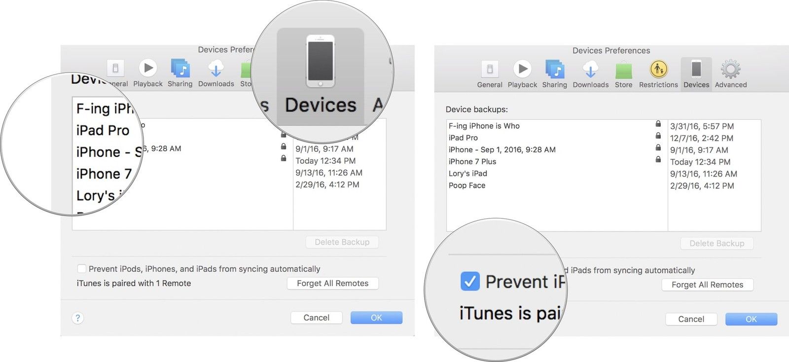 Перейдите на вкладку «Устройства» и установите флажок для отключения автоматического резервного копирования.
