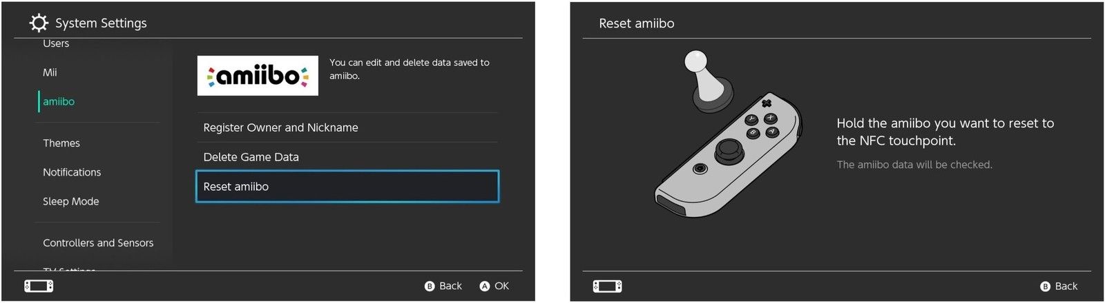 Выберите Сброс amiibo, затем поместите amiibo на считыватель NFC.