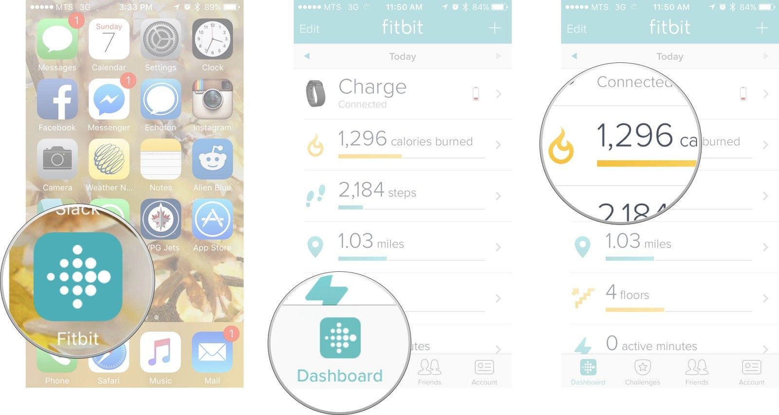 Запустите Fitbit на главном экране, нажмите на вкладку панели инструментов, а затем нажмите на цель, которую вы хотите увидеть.