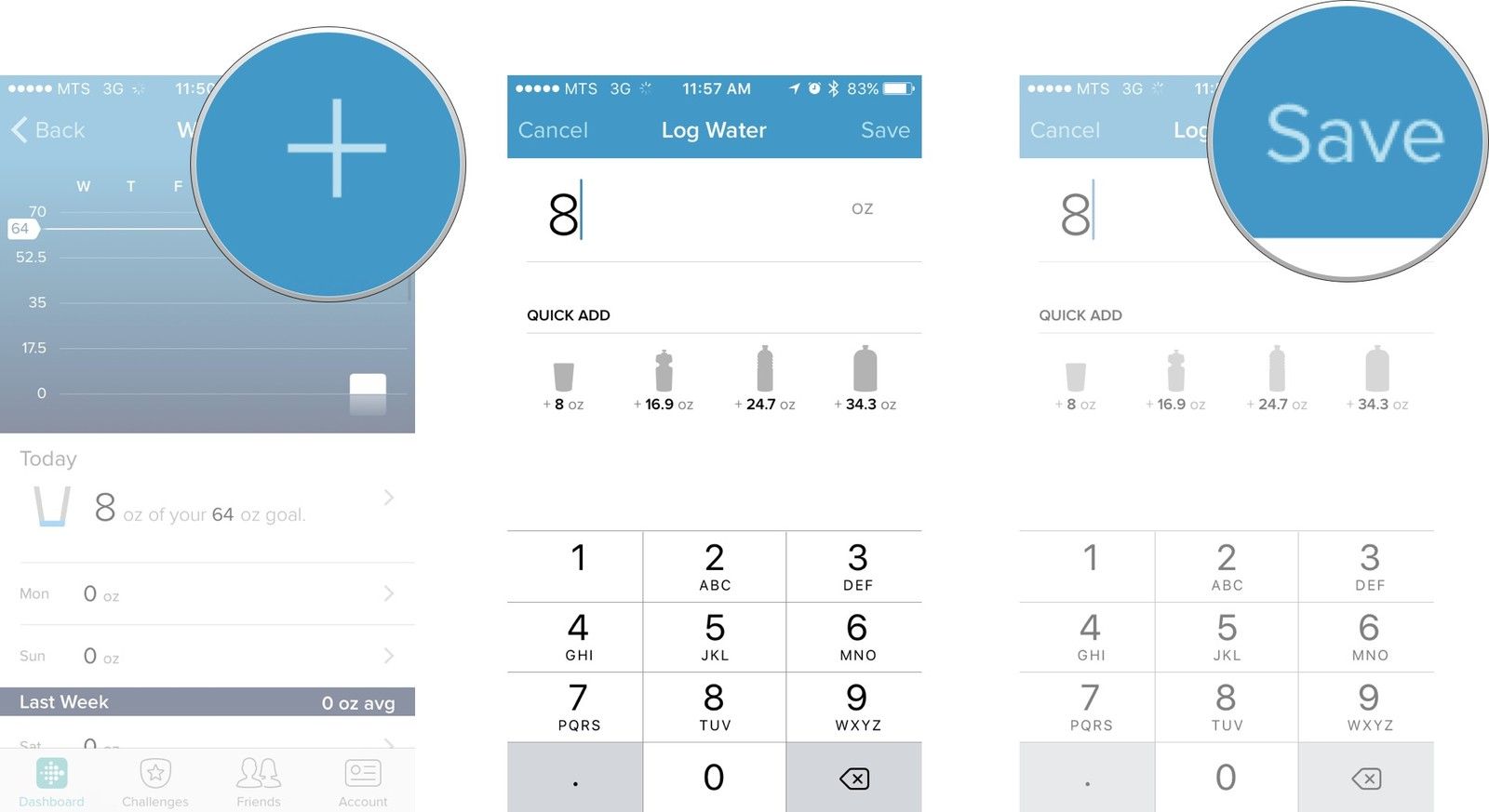 Нажмите на кнопку добавления, введите количество потребляемой воды, а затем нажмите на кнопку сохранения.