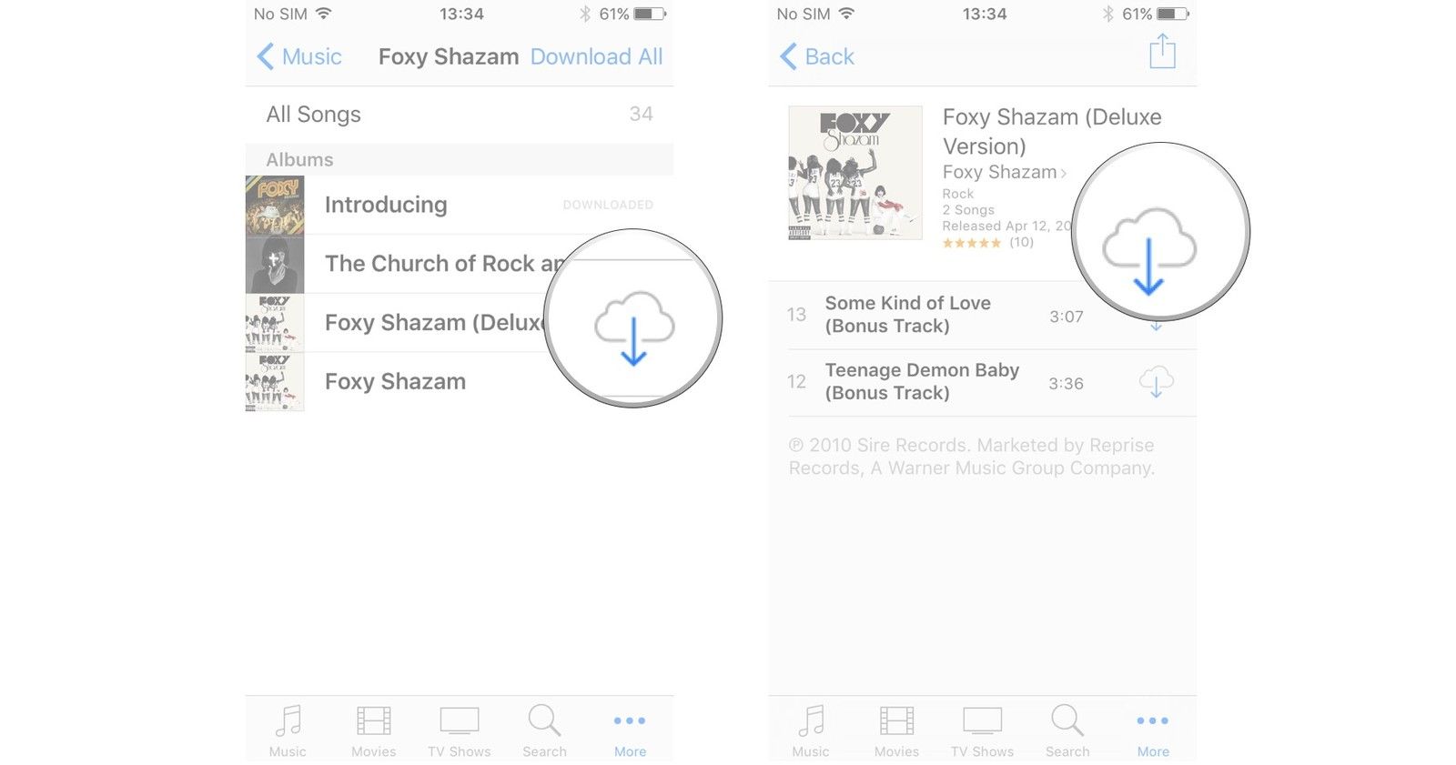 Нажмите на название мультимедиа, затем нажмите кнопку загрузки iCloud.