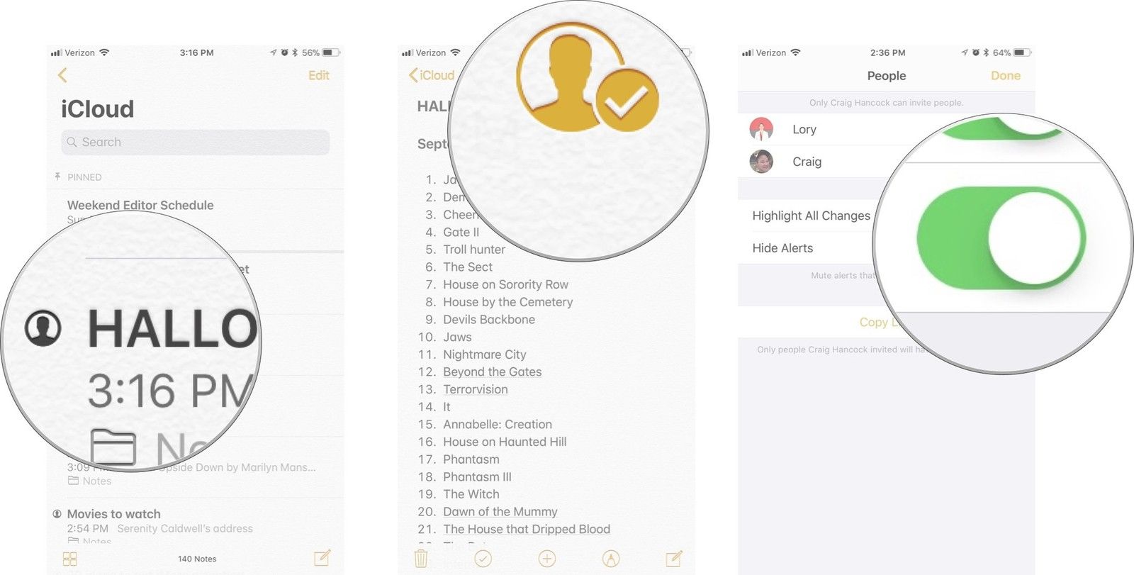 Нажмите заметку, затем нажмите значок совместной работы, затем включите «Выделить все изменения».