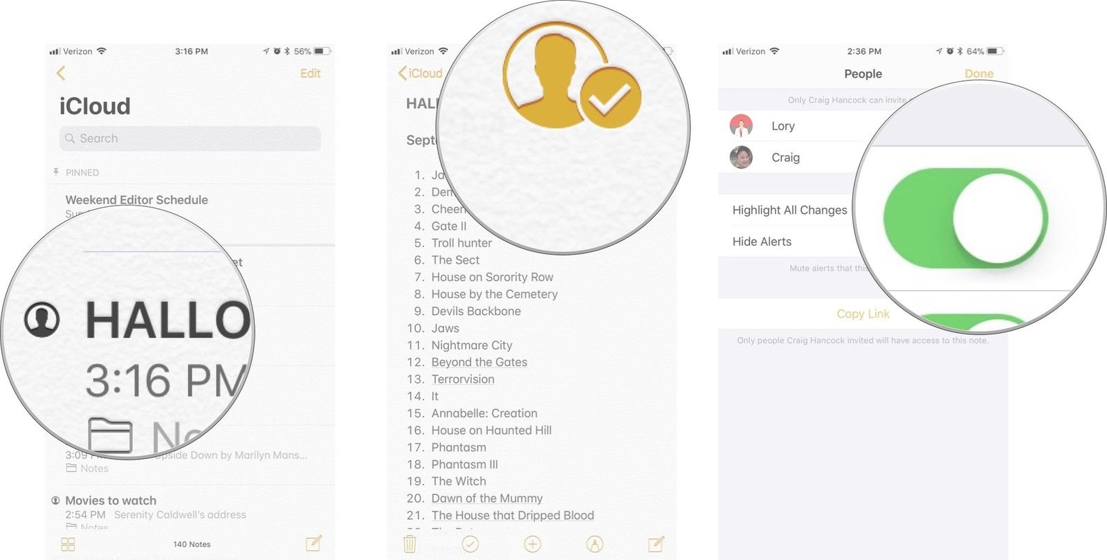 Нажмите заметку, затем нажмите значок совместной работы, а затем включите функцию «Скрыть оповещения».