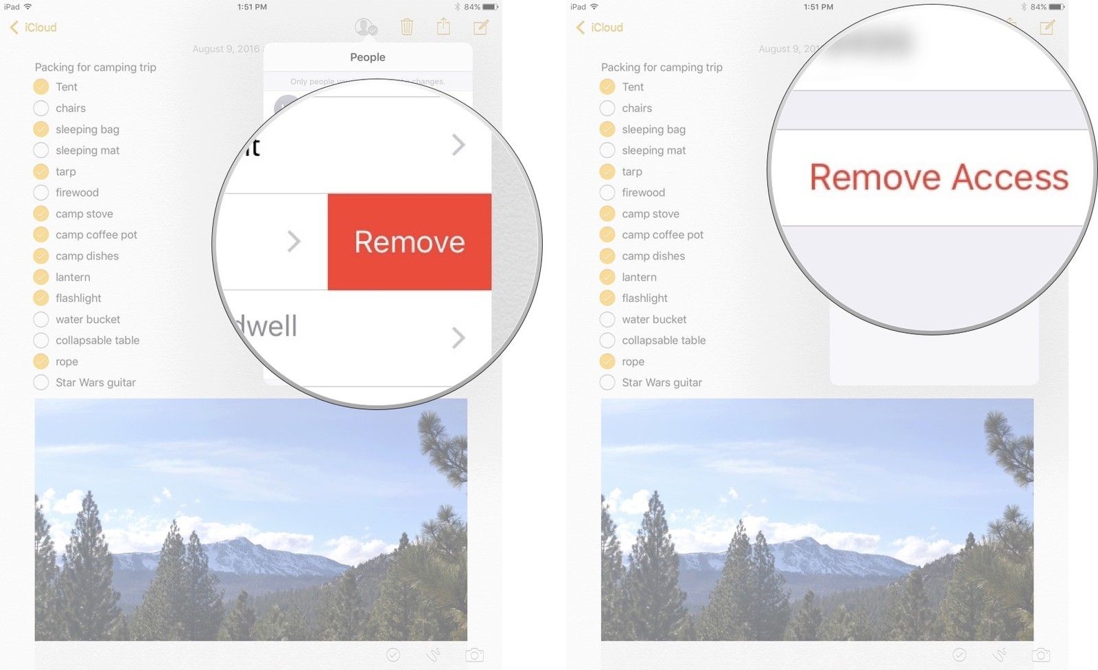 Удаление доступа в приложении Notes