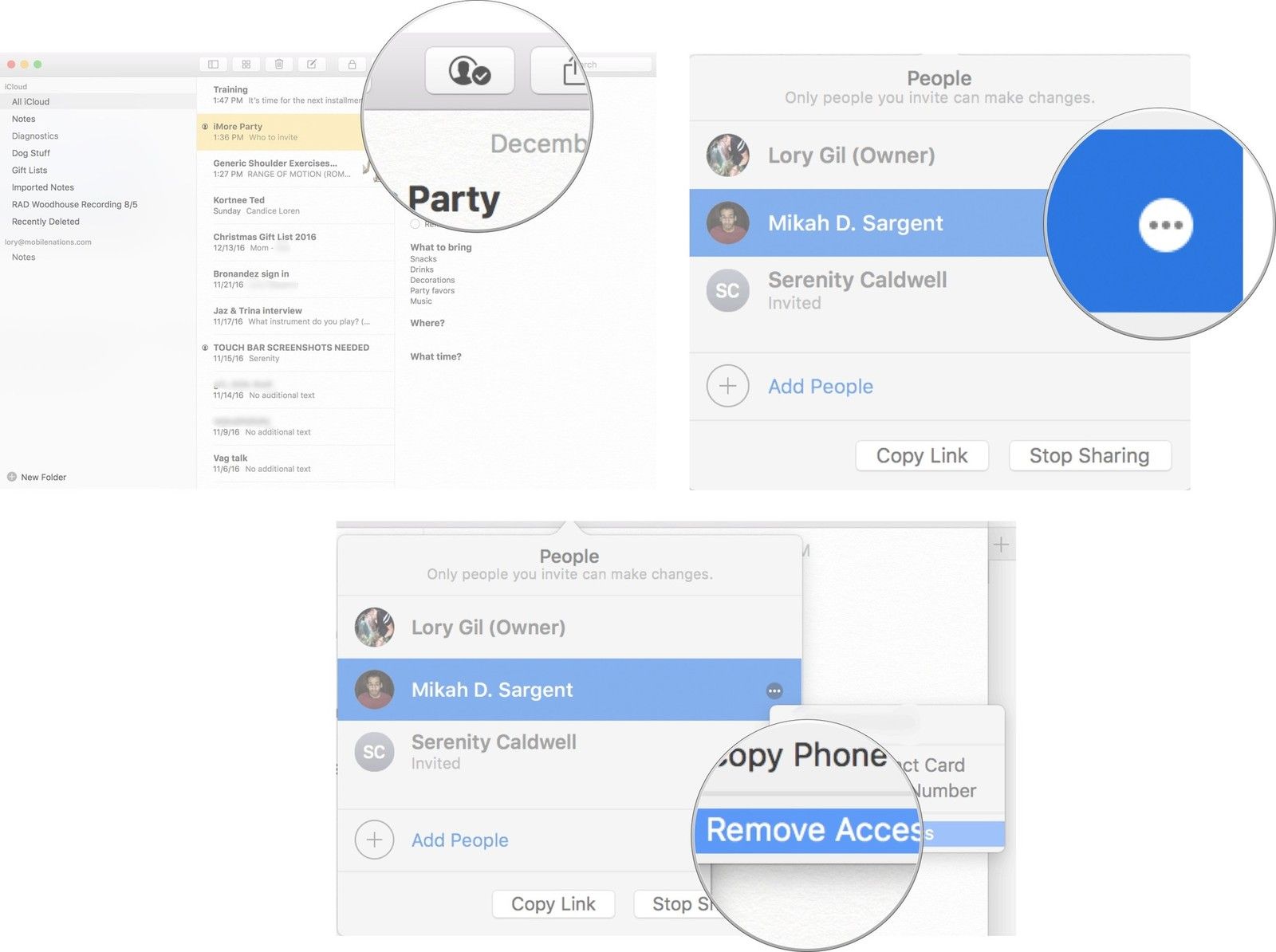 Нажмите «Сотрудничать», затем нажмите имя, затем нажмите значок «Дополнительно», затем нажмите «Удалить доступ».
