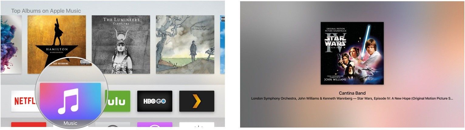 Выбор дорожки для создания списка воспроизведения в приложении «Музыка» на Apple TV