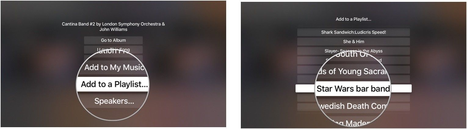 Добавление песни в плейлист в приложении «Музыка» на Apple TV