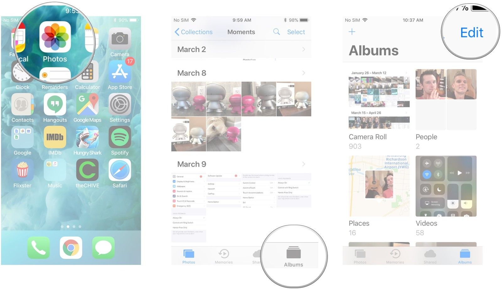 Запустите фотографии, нажмите &laquo;Альбомы&raquo;, нажмите &laquo;Изменить&raquo;.