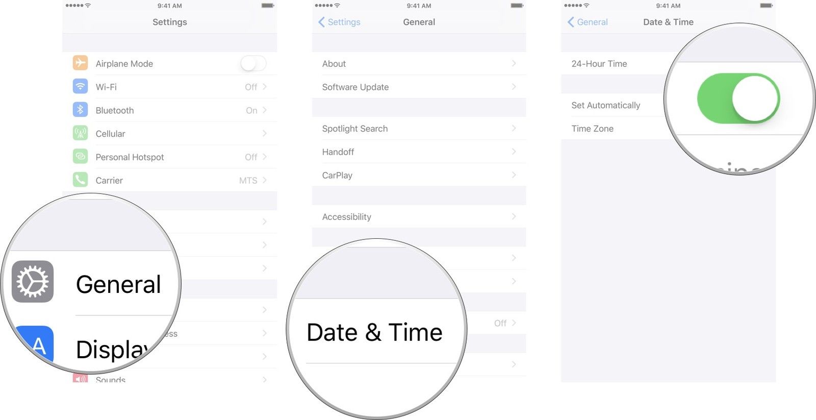 Запустите приложение «Настройки», нажмите «Общие», нажмите «Дата и время», а затем нажмите кнопку включения / выключения рядом, чтобы установить автоматически.