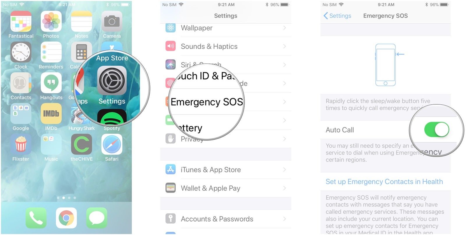 Запустите «Настройки», нажмите «Экстренный SOS», нажмите переключатель рядом с «Автовызов».
