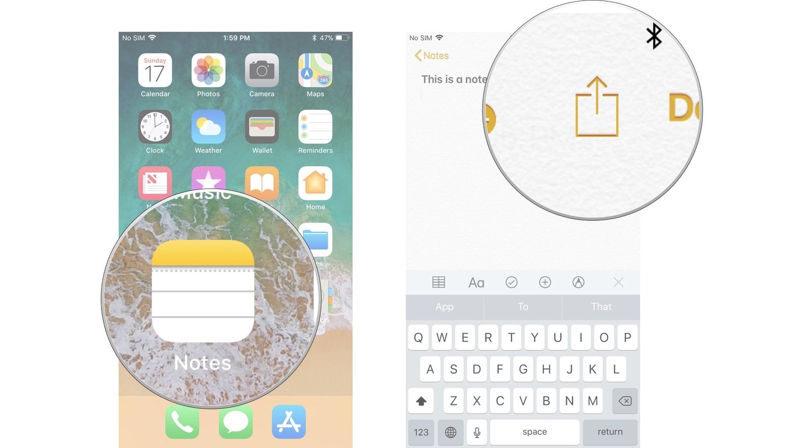 Запустите Notes, затем нажмите «Поделиться»