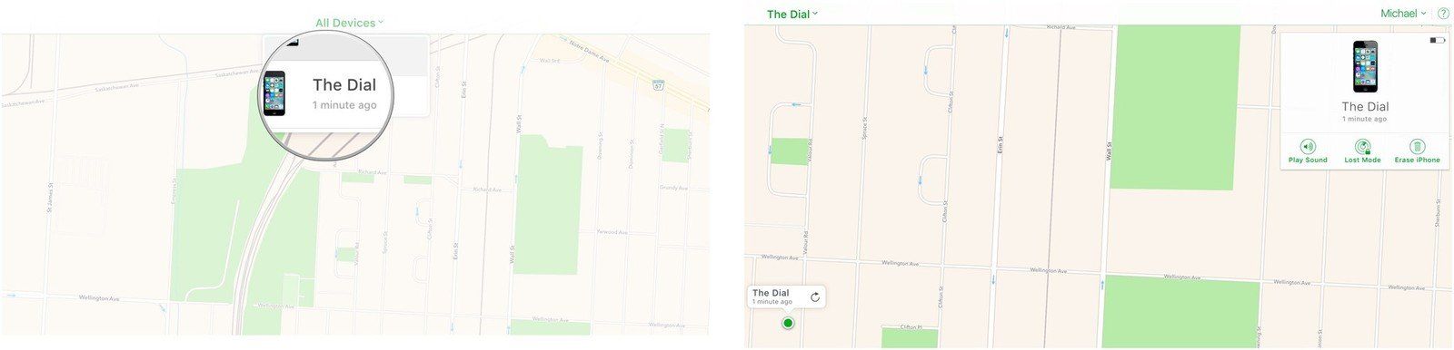 Щелкните имя устройства, нажмите «Воспроизвести звук», «Потерянный режим» или «Стереть».