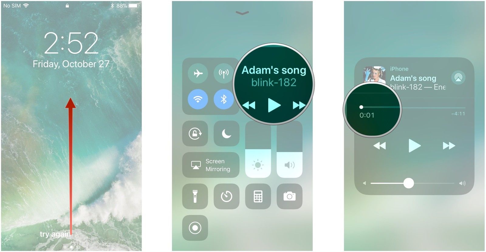 Проведите пальцем вверх по нижней части экрана, нажмите на виджет «Сейчас исполняется» и перетащите ползунок временной шкалы.
