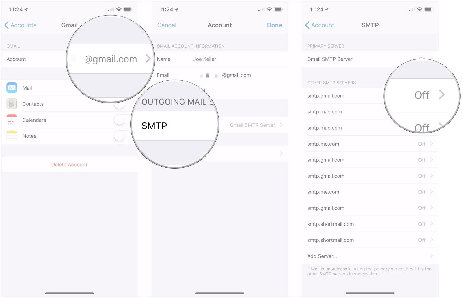 Нажмите адрес учетной записи, нажмите SMTP, нажмите новый сервер