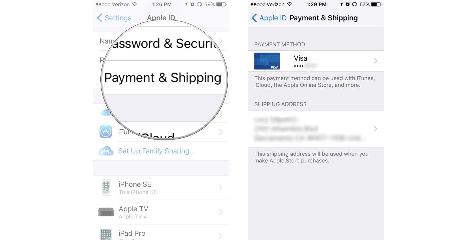 Нажмите «Платежи и доставка», затем просмотрите свою кредитную карту и адрес доставки