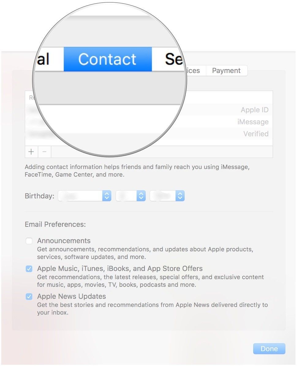 Нажмите на контакт, чтобы увидеть и изменить контактную информацию вашей учетной записи