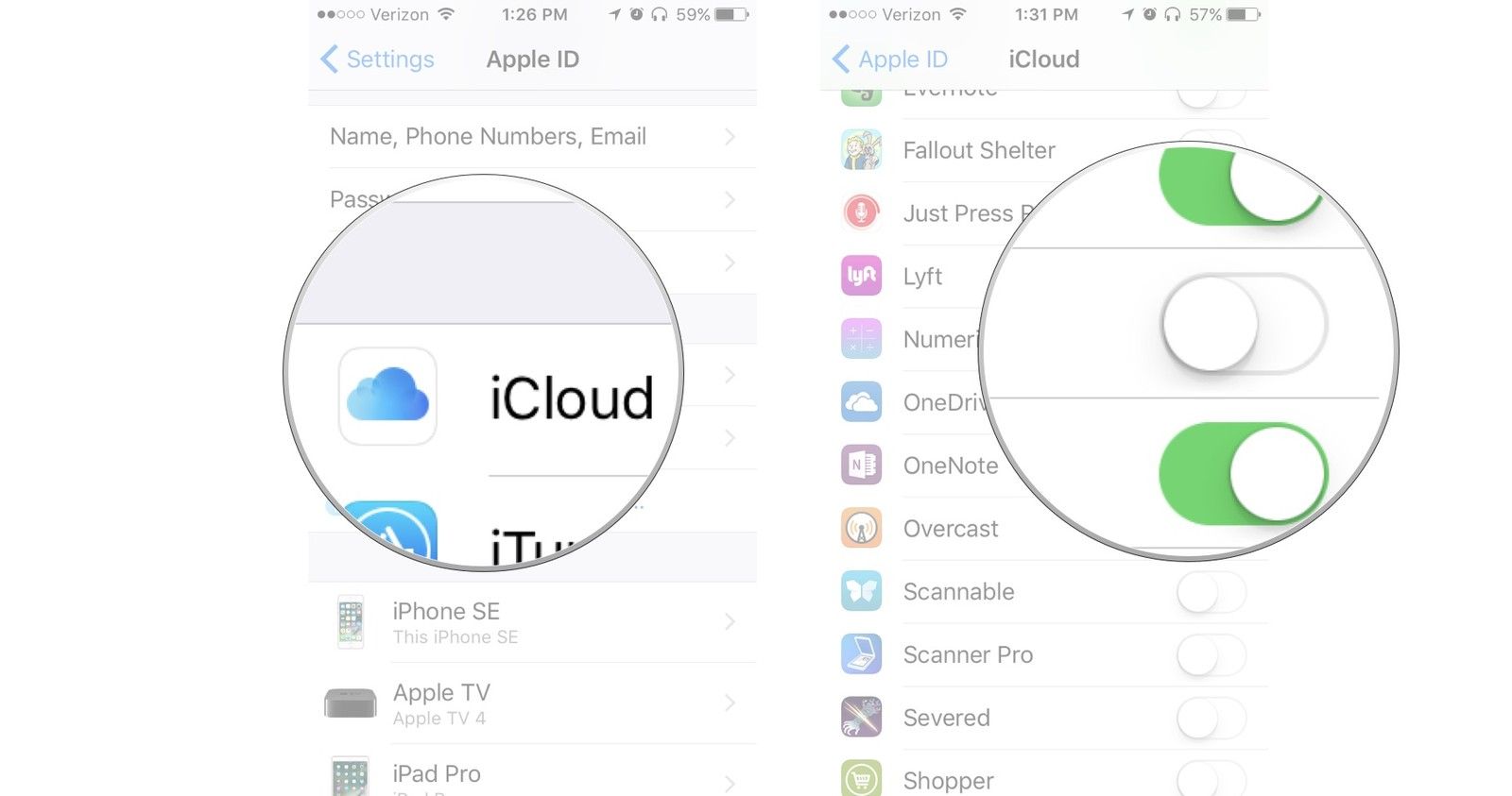 Нажмите iCloud, затем включите или отключите поддержку приложений iCloud Drive для приложений.