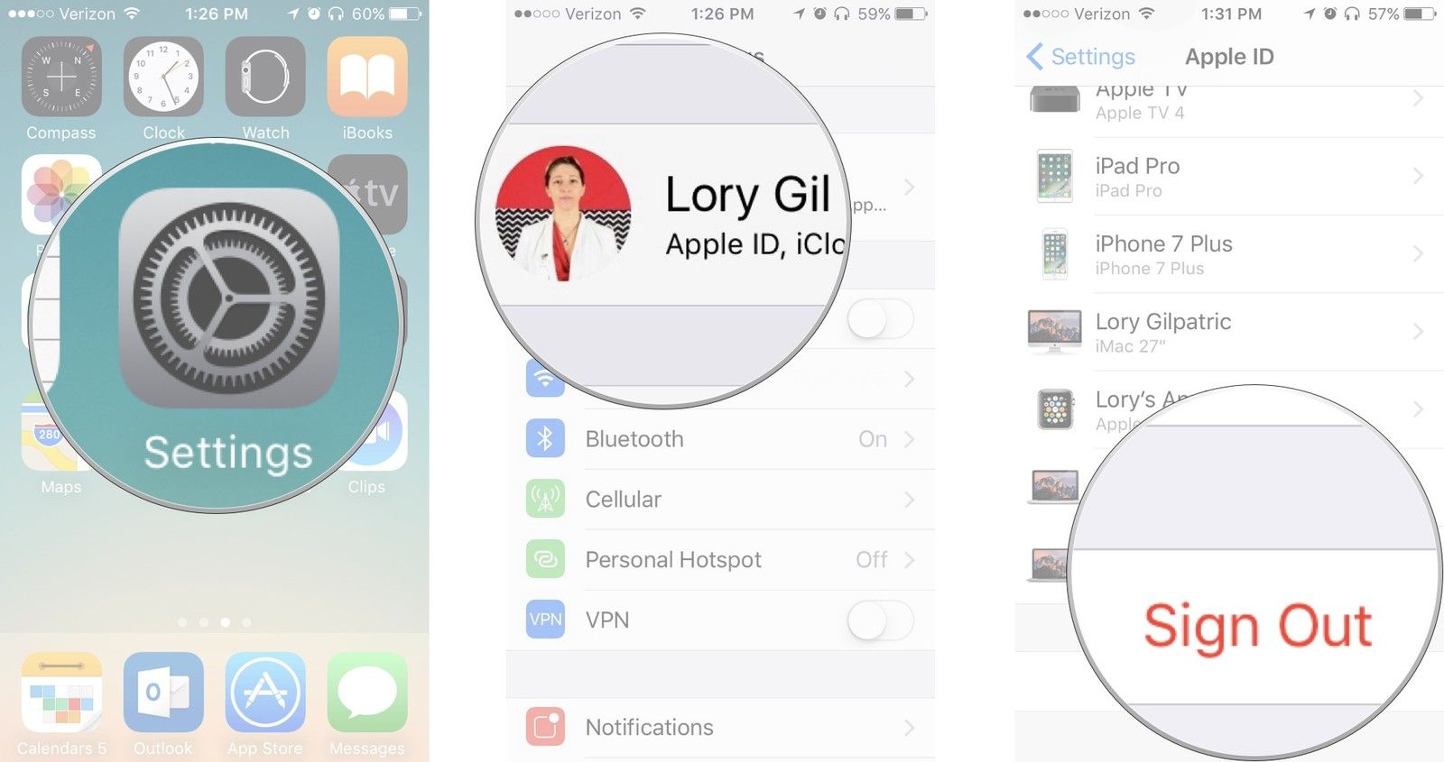 Запустите настройки, затем нажмите свой баннер Apple ID, затем нажмите «Выйти»