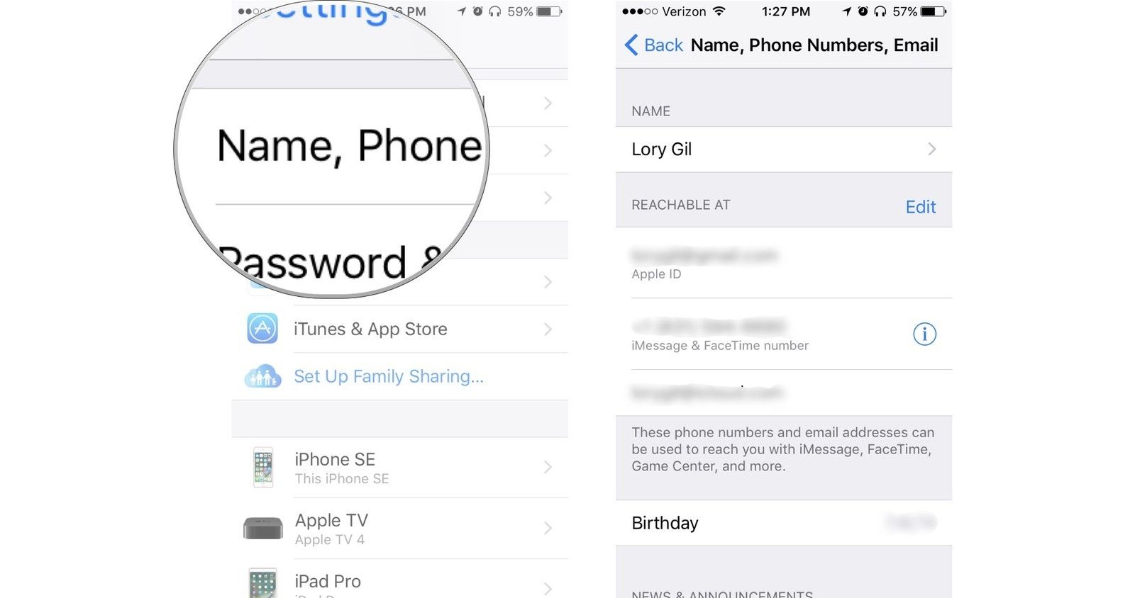 Нажмите Имя, номера телефонов, адрес электронной почты, затем просмотрите информацию о своей учетной записи.