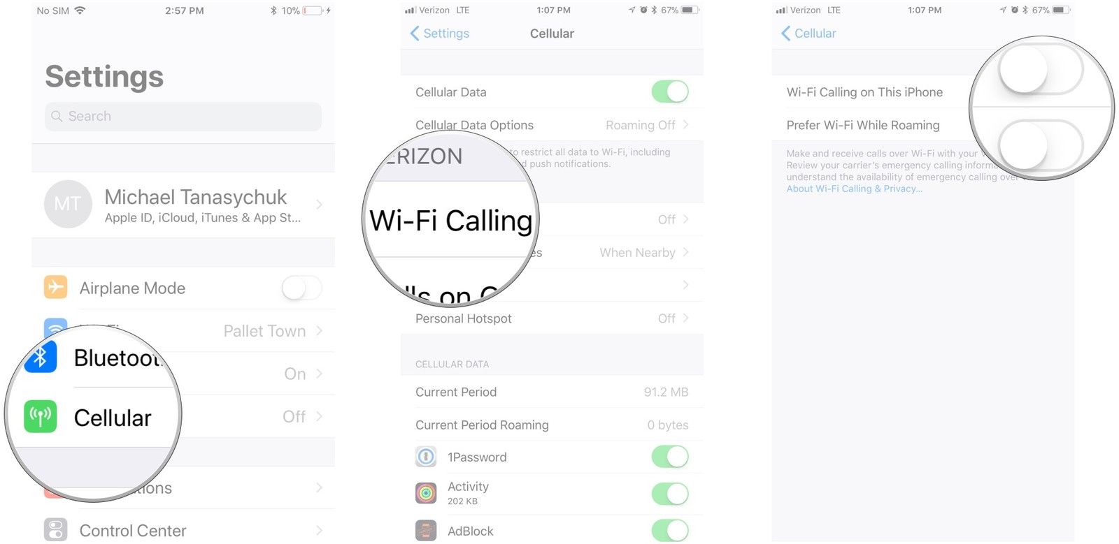 Нажмите Сотовая связь, нажмите Wi-Fi Calling, нажмите на переключатели