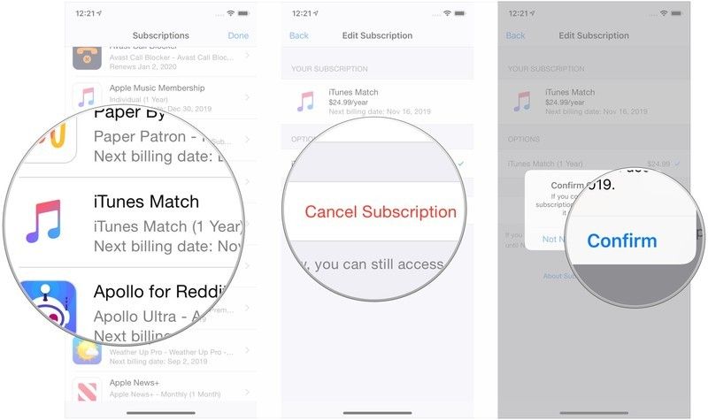 Нажмите «iTunes Match», нажмите «Отменить подписку», нажмите «Подтвердить».