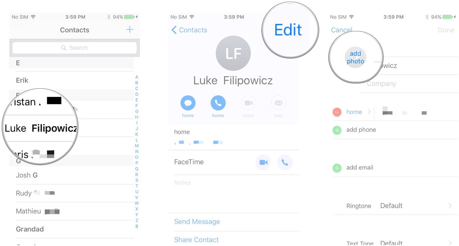 Нажмите на контакт, нажмите «Изменить», нажмите «Добавить фотографию»