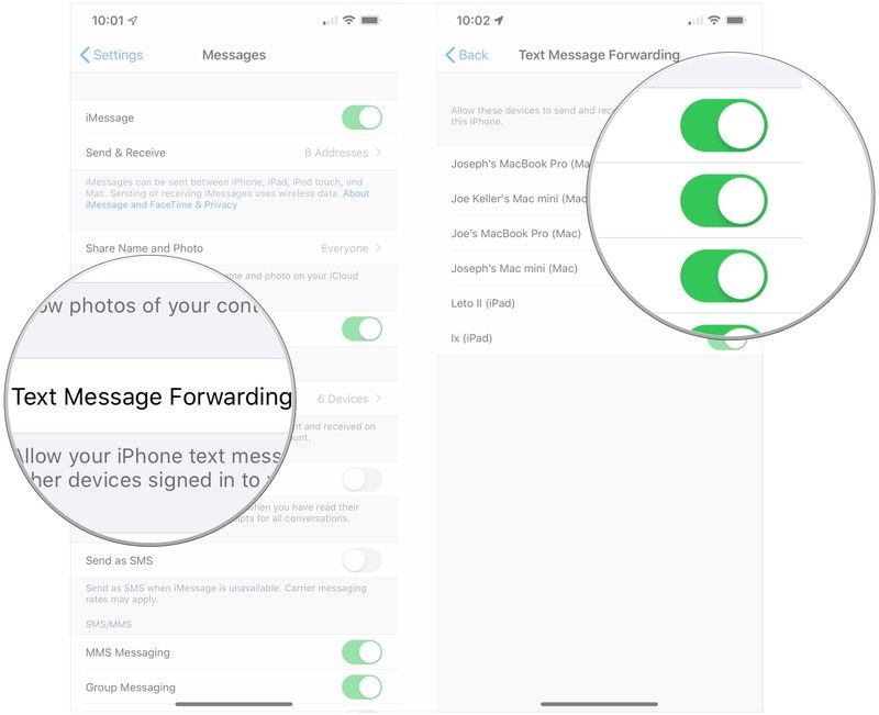 Нажмите Пересылка текстовых сообщений, нажмите переключатель